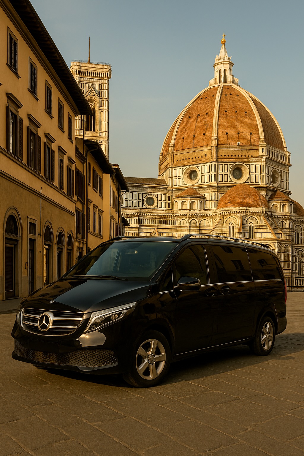 Luxury Mercedes V-Class parked near Florence Cathedral for private chauffeur tour from Milan