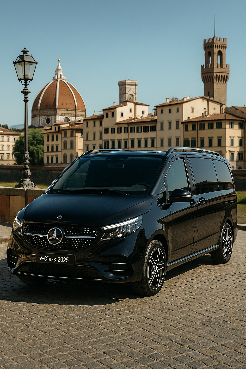 Luxury Mercedes-Benz V-Class 2025 parked near Florence Cathedral for private chauffeur tour from Milan.