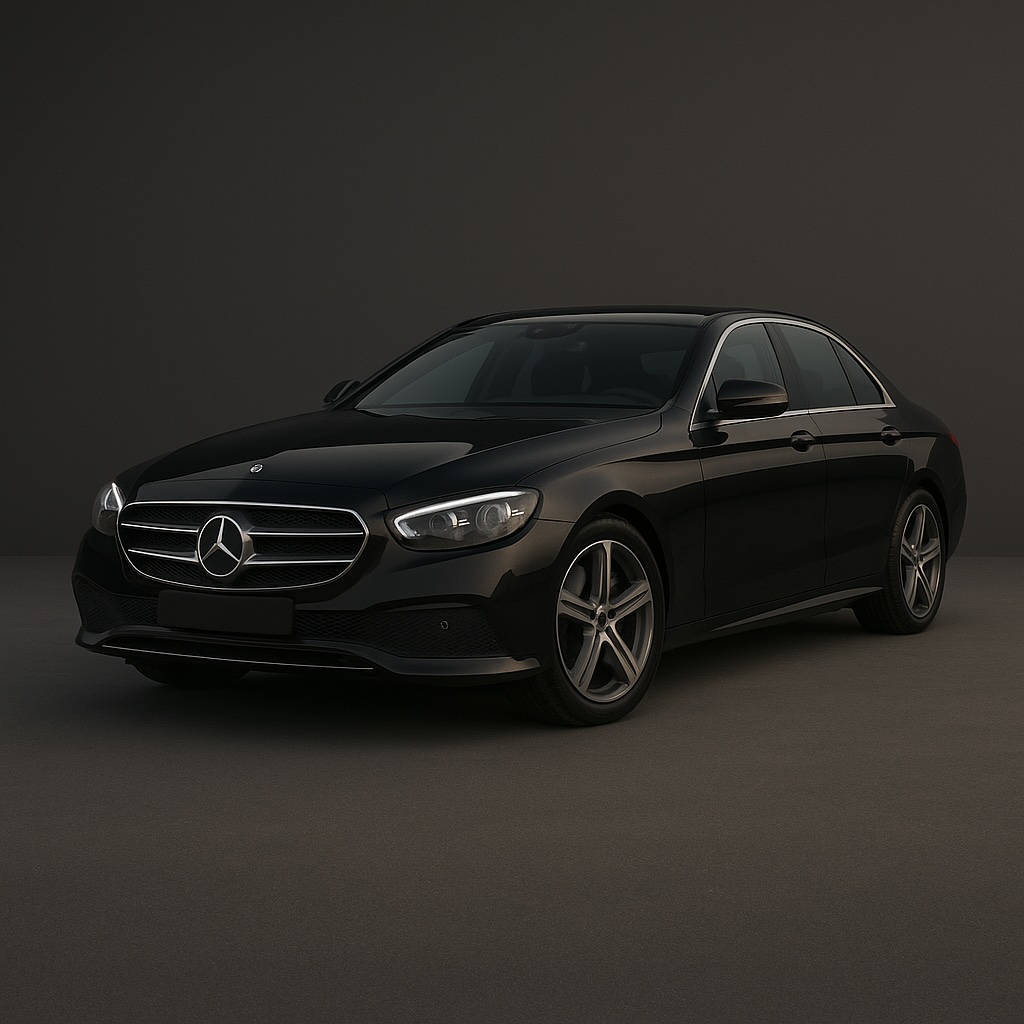 Black Mercedes-Benz E-Class luxury sedan side profile on elegant dark background, part of Minivan Italy executive chauffeur fleet