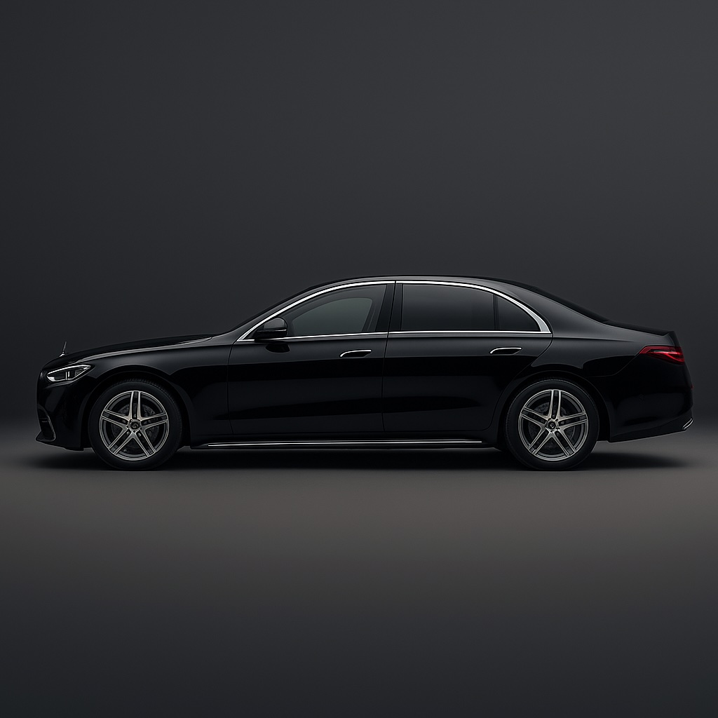 Black Mercedes-Benz S-Class luxury sedan side profile on a dark elegant background, part of Minivan Italy premium chauffeur fleet