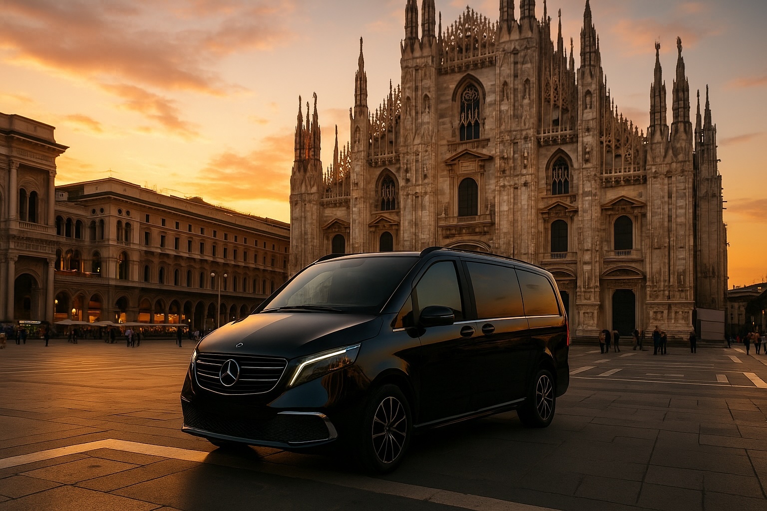 Luxury Mercedes V-Class parked in front of Milan Duomo at sunset for private chauffeur service in Italy