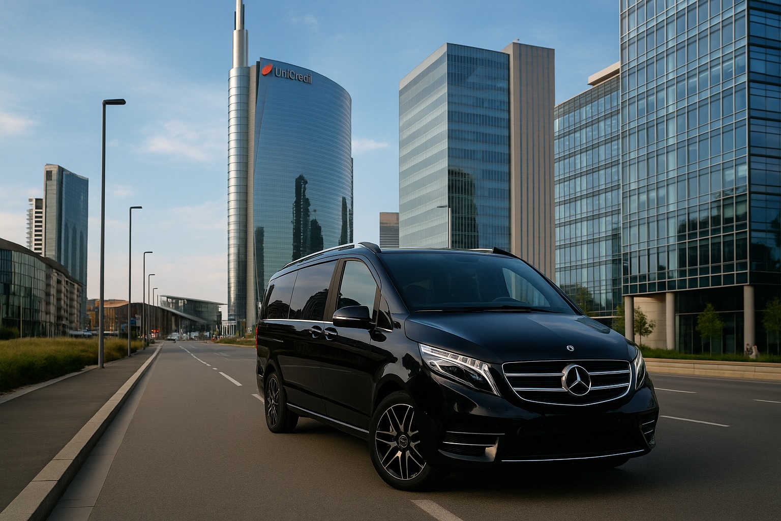 Luxury Mercedes V-Class chauffeur van in Milan Porta Nuova business district for executive and corporate transfers