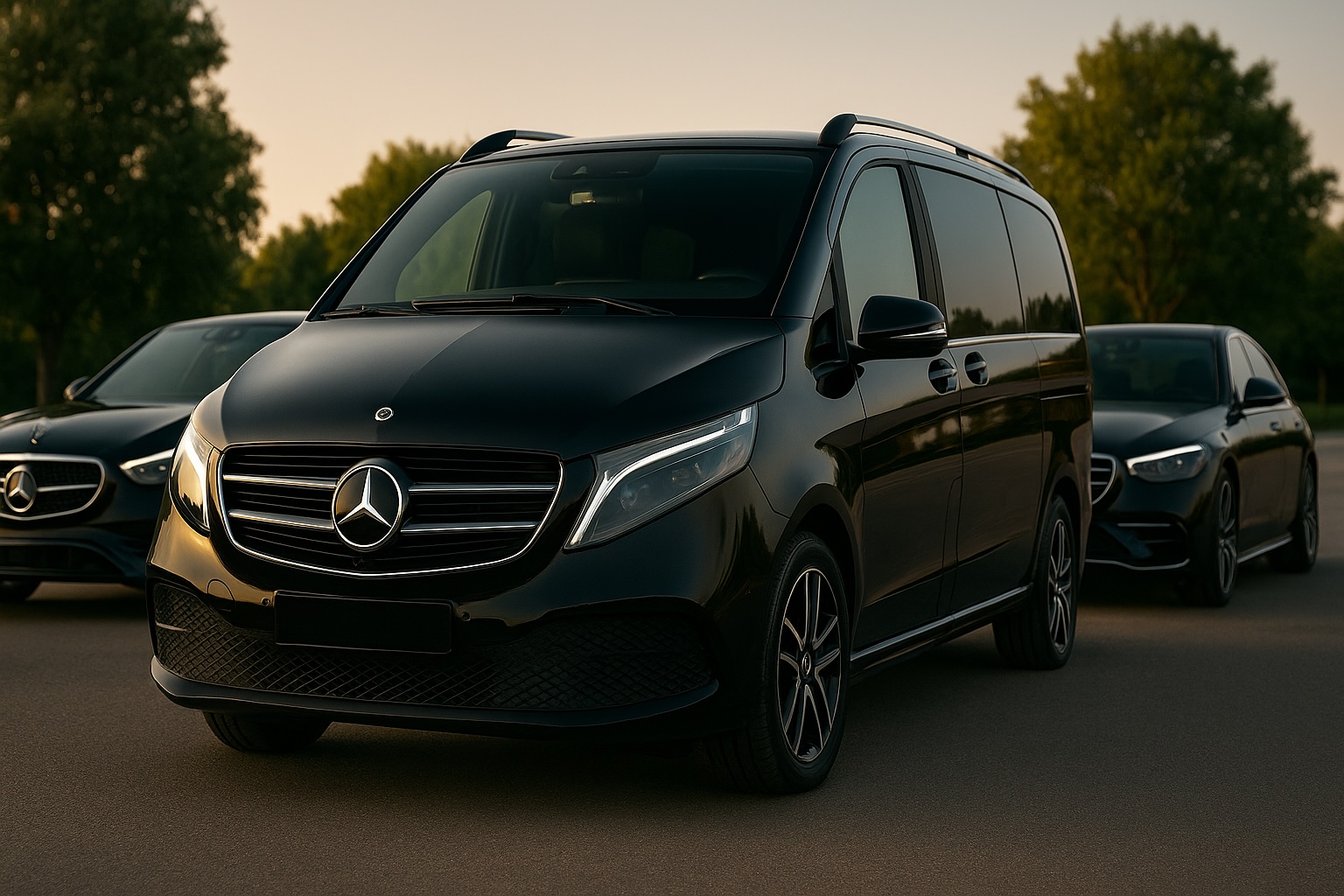 Luxury Mercedes V-Class, E-Class, and S-Class black vehicles in Milan representing the premium chauffeur fleet of Minivan Italy