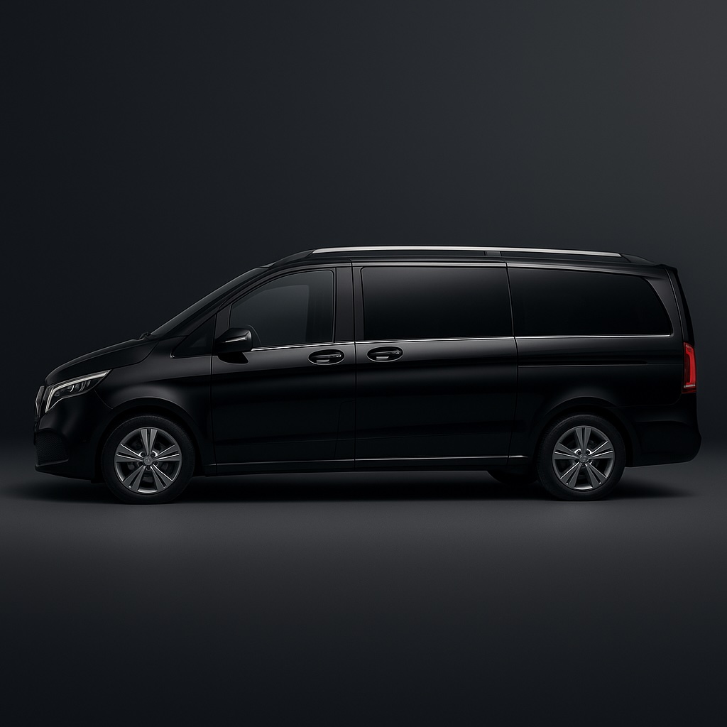 Black Mercedes-Benz V-Class luxury van side profile on elegant dark background, part of Minivan Italy chauffeur fleet