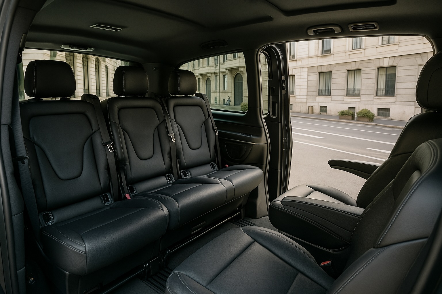 Interior of Mercedes-Benz V-Class used for luxury chauffeur service in Milan city center