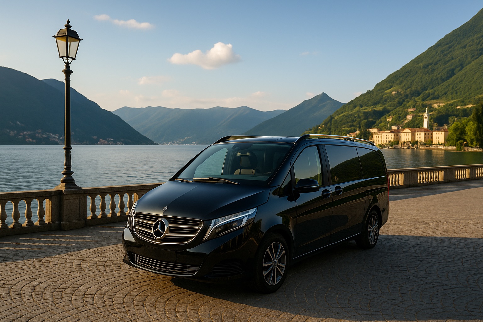 Luxury Mercedes V-Class parked by Lake Como promenade with mountains and water in the background for private chauffeur tour from Milan