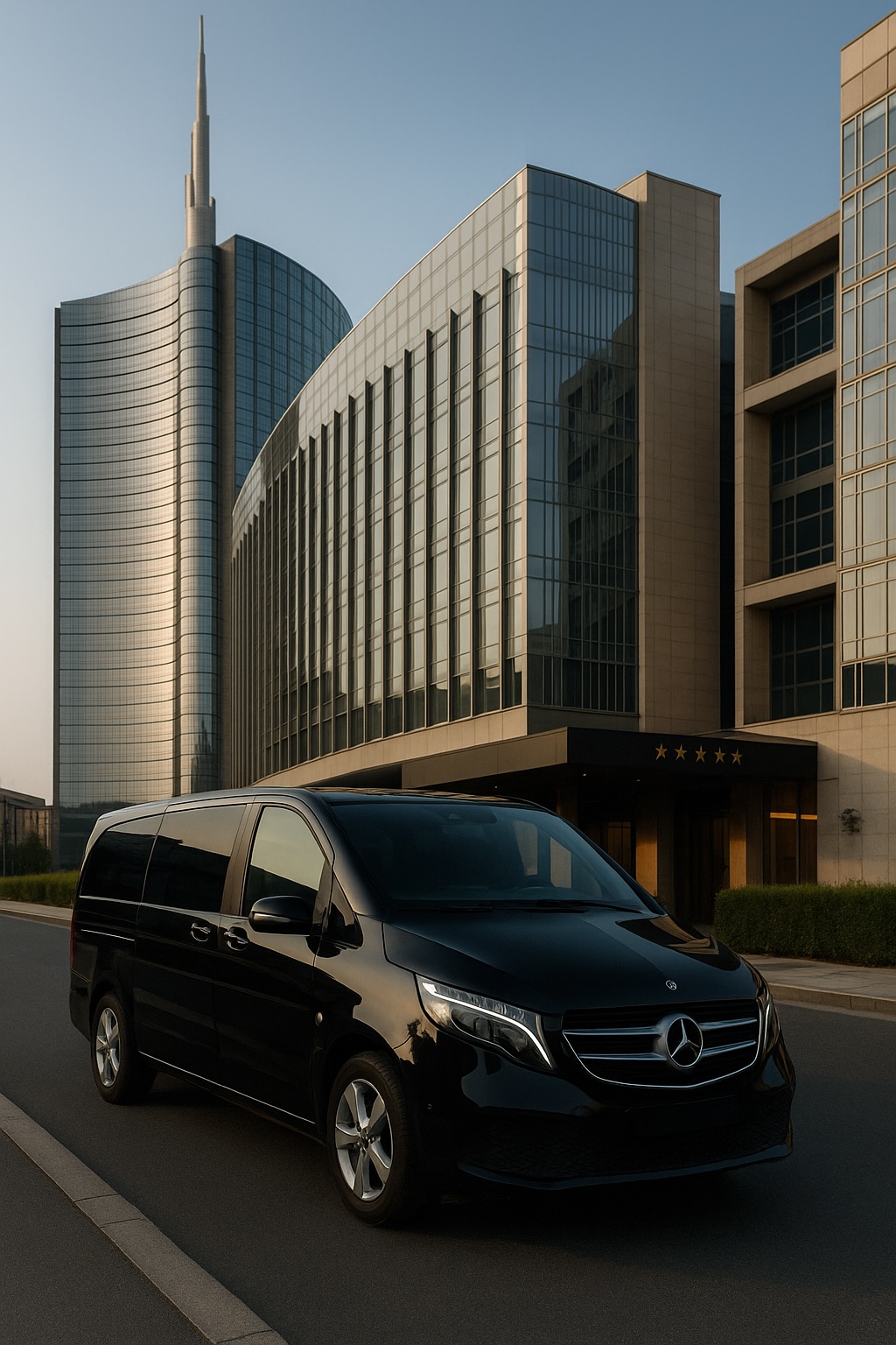 Luxury Mercedes-Benz V-Class parked in front of a modern business building in Milan under morning light