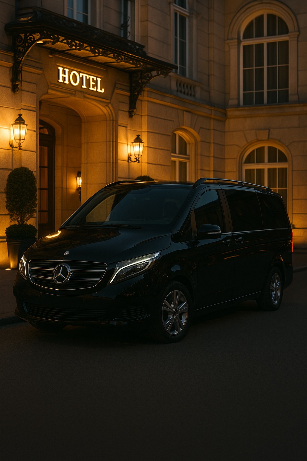 Luxury Mercedes-Benz V-Class parked outside a five-star hotel in Milan at sunset, representing Minivan Italy’s professional chauffeur service