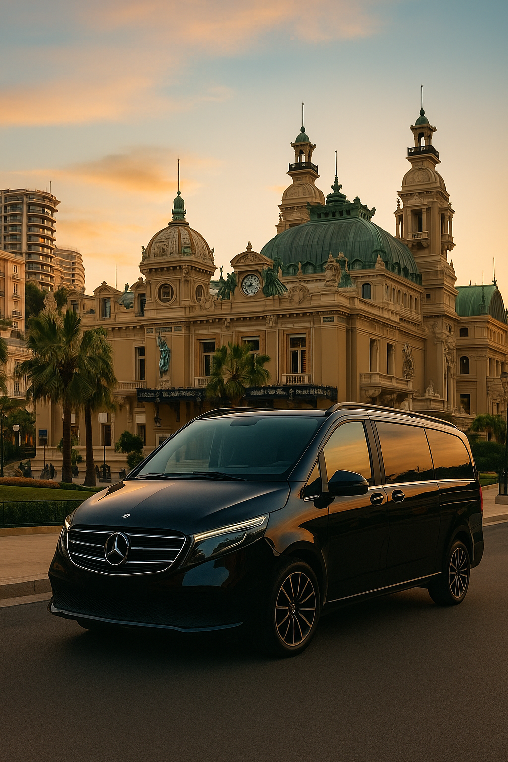 Luxury black Mercedes-Benz V-Class 2025 parked near Monte Carlo Casino, representing Minivan Italy’s private chauffeur service.