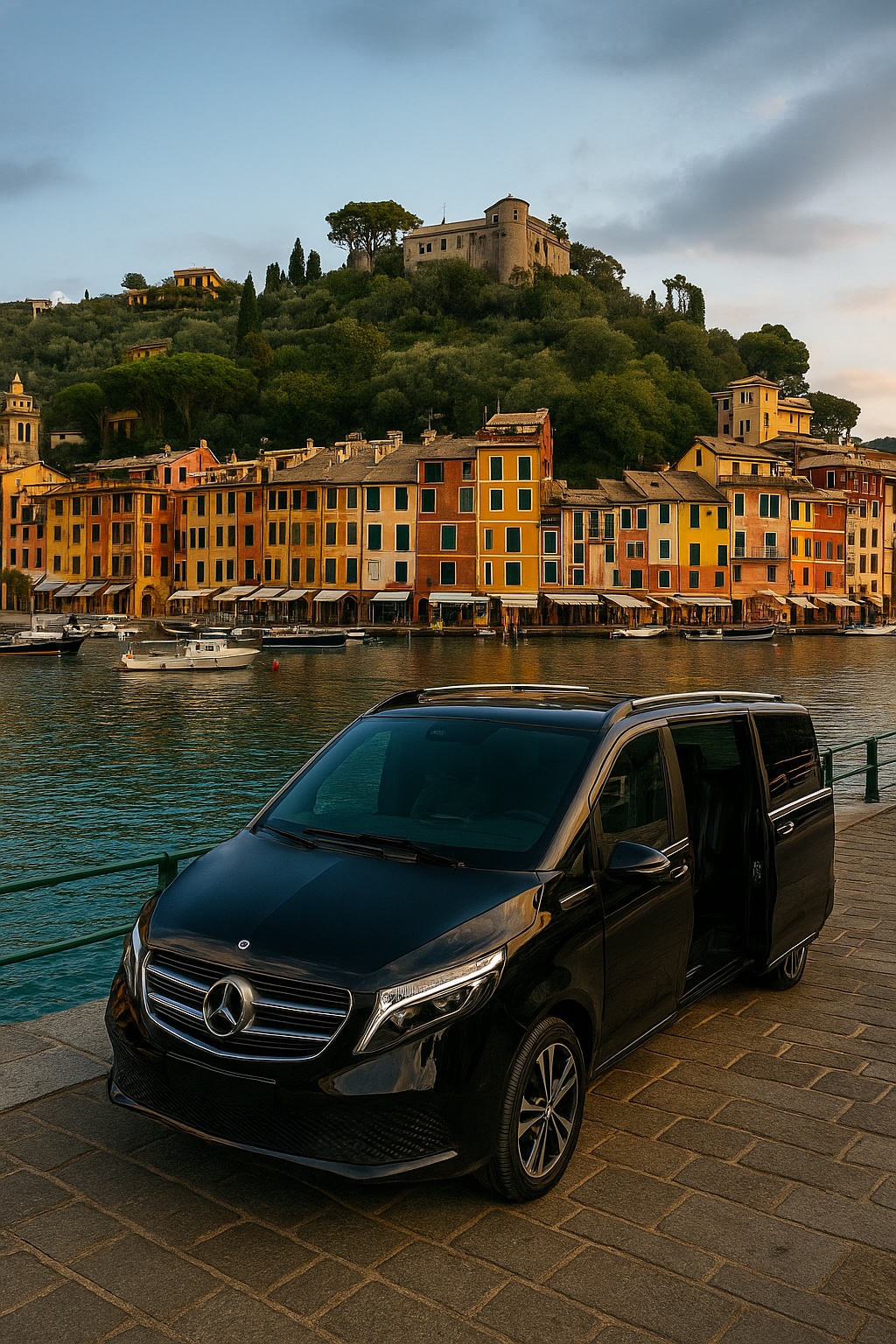 Luxury private chauffeur tour along the Ligurian coast and Portofino with Minivan Italy — elegant Mercedes-Benz V-Class near the harbor.