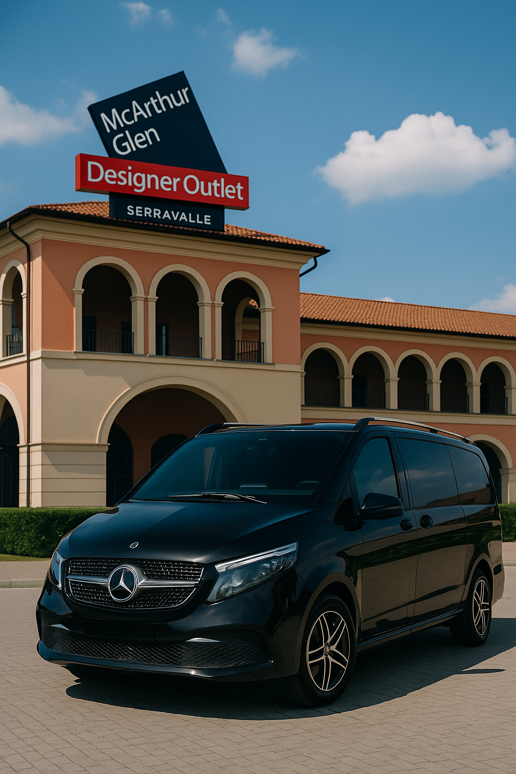 Luxury Mercedes-Benz V-Class 2025 parked near Serravalle Designer Outlet during private shopping tour from Milan