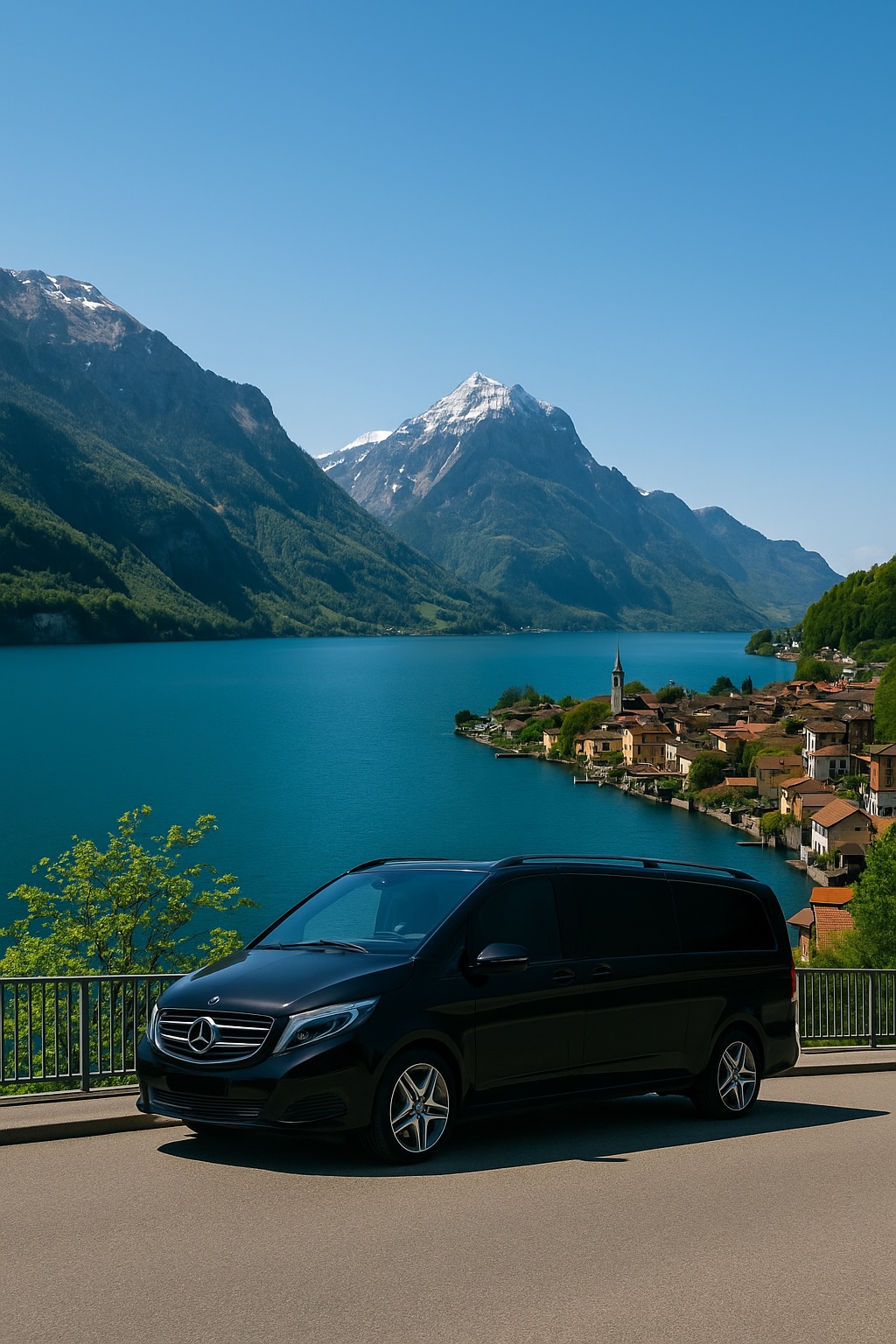 Luxury Mercedes-Benz V-Class van on a scenic road in the Swiss Alps near Lucerne, with lake and mountain views — Minivan Italy private tour from Milan.