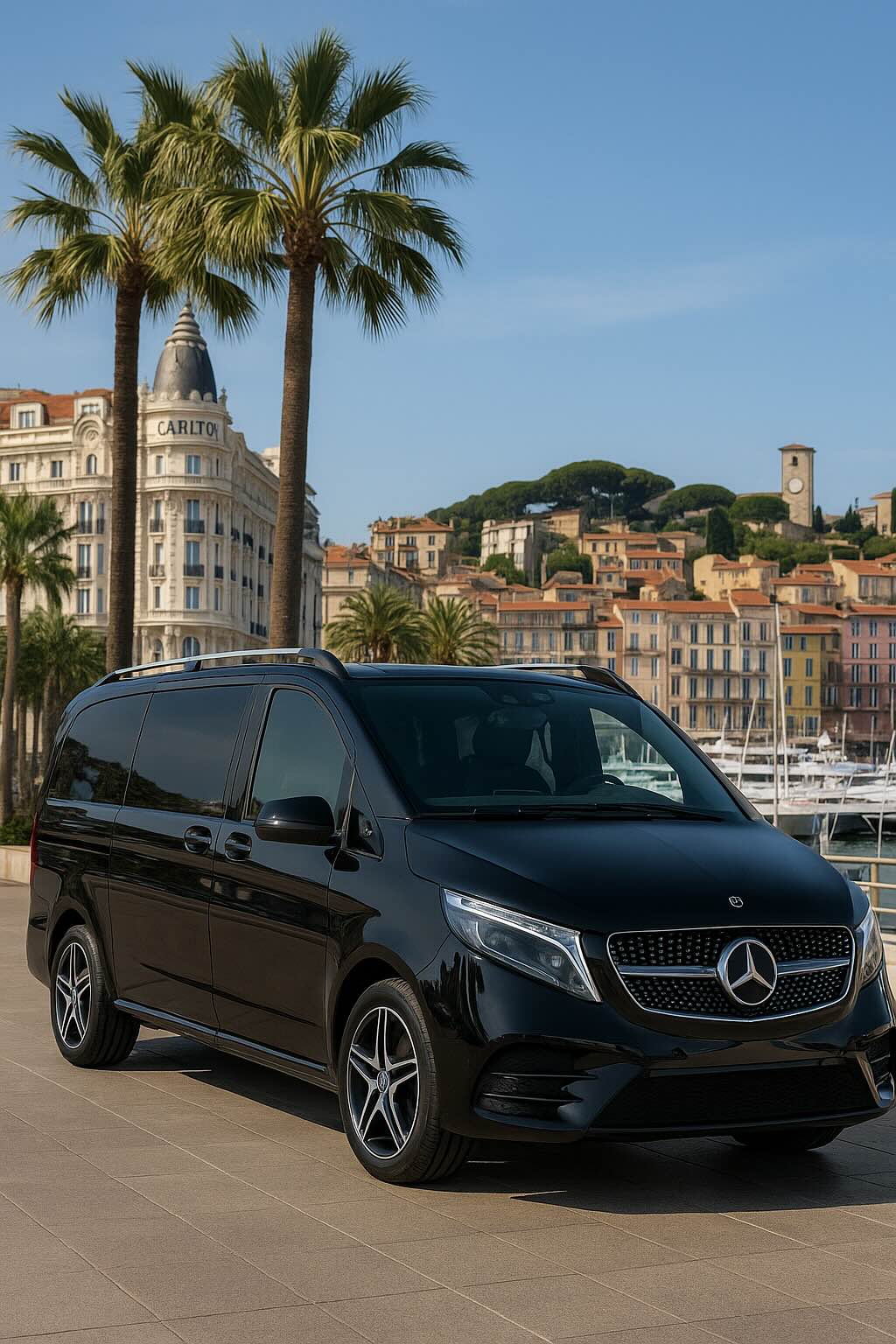 Mercedes-Benz V-Class parked along a coastal viewpoint in Cannes during a luxury private tour