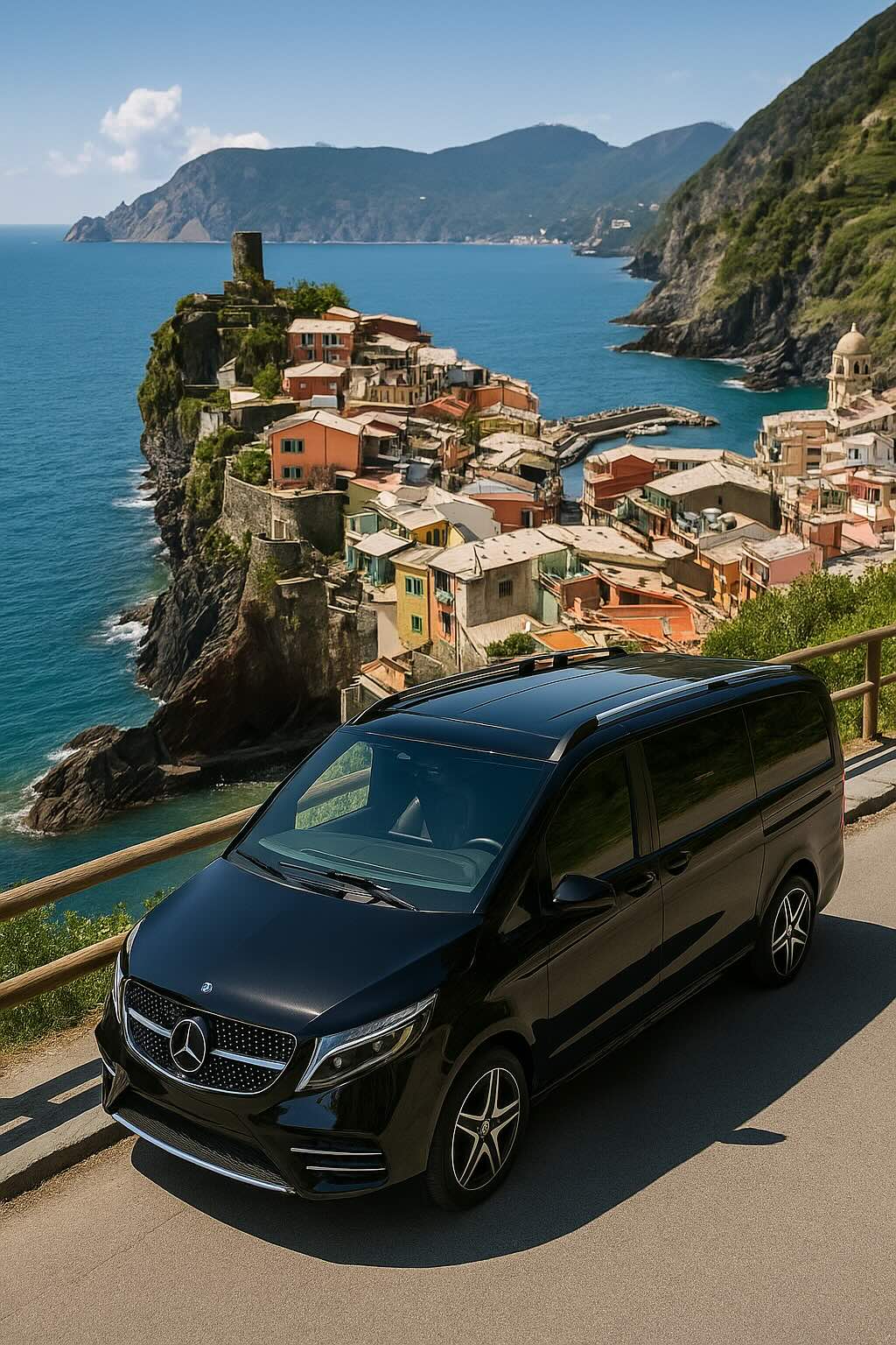 Mercedes-Benz V-Class on a scenic road overlooking Vernazza during a Cinque Terre private tour