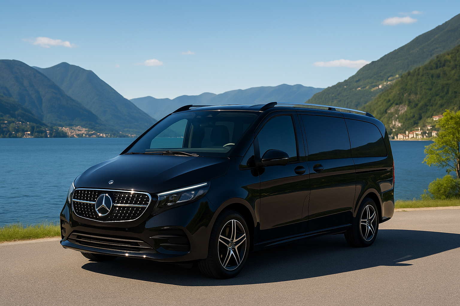 Mercedes V-Class luxury van parked by Lake Como — Minivan Italy chauffeur service