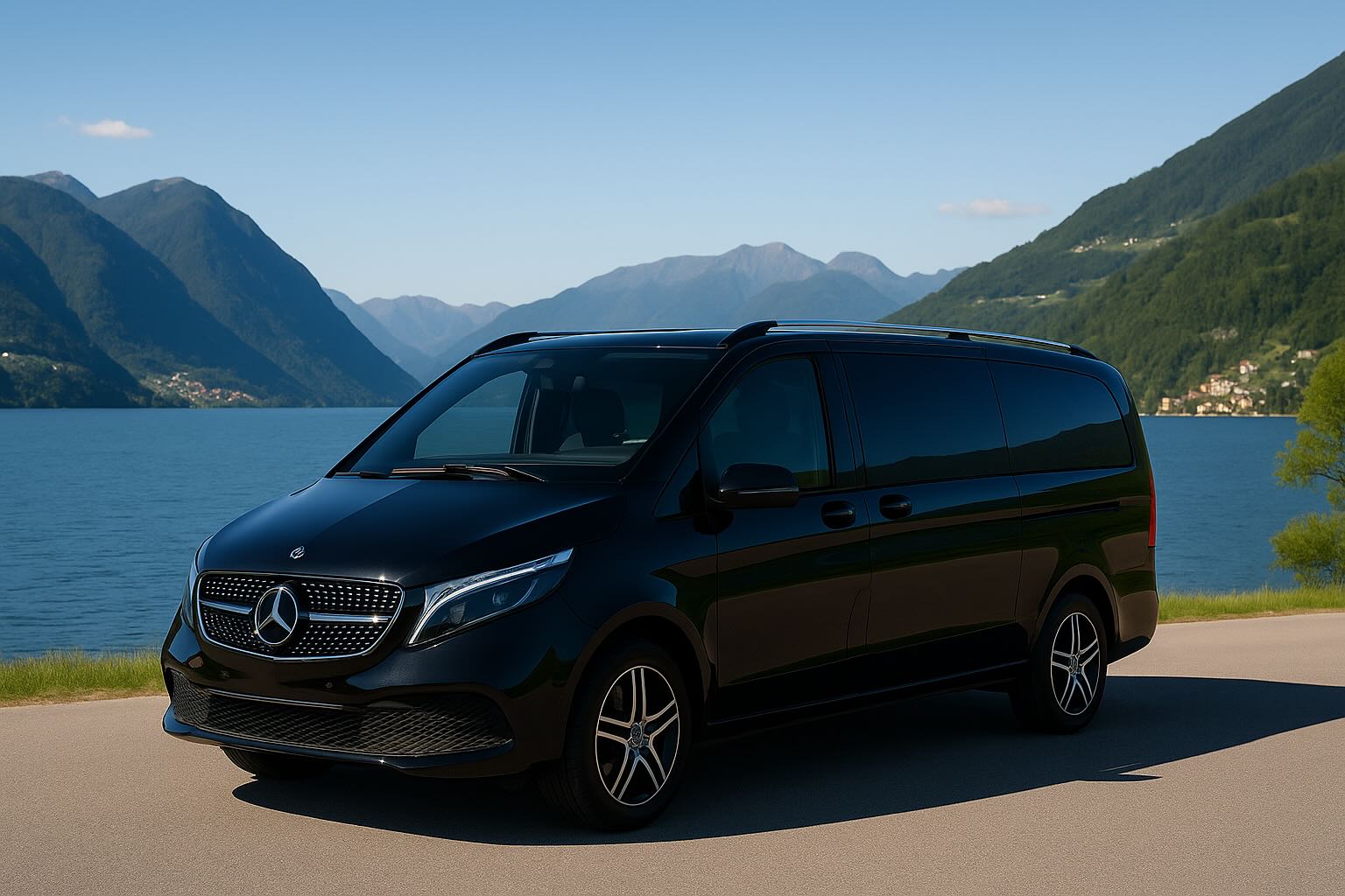 Mercedes-Benz V-Class parked by a Swiss lake with mountain scenery during a private tour from Milan