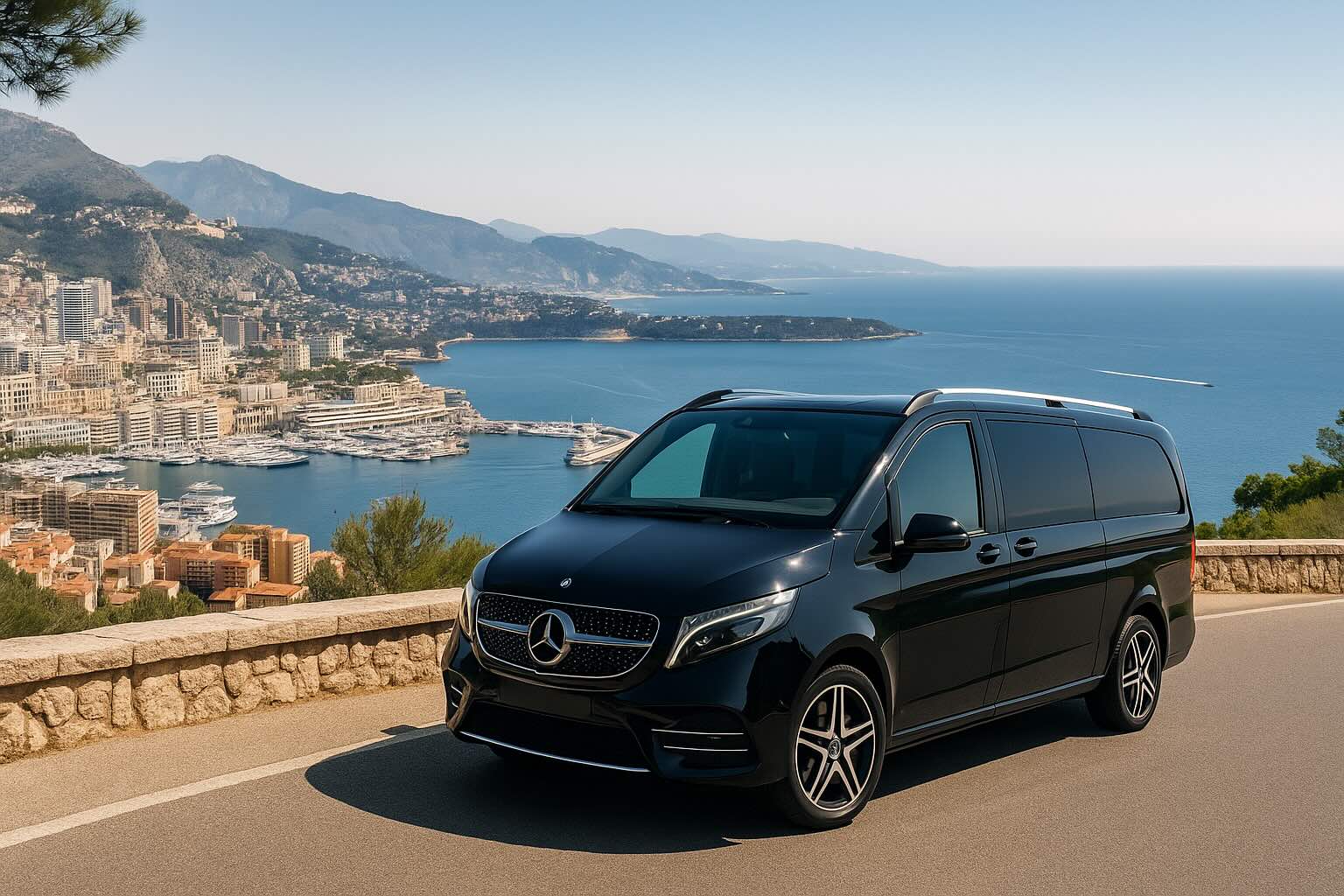Mercedes-Benz V-Class driving along the French Riviera between Monaco and Cannes during a luxury private tour