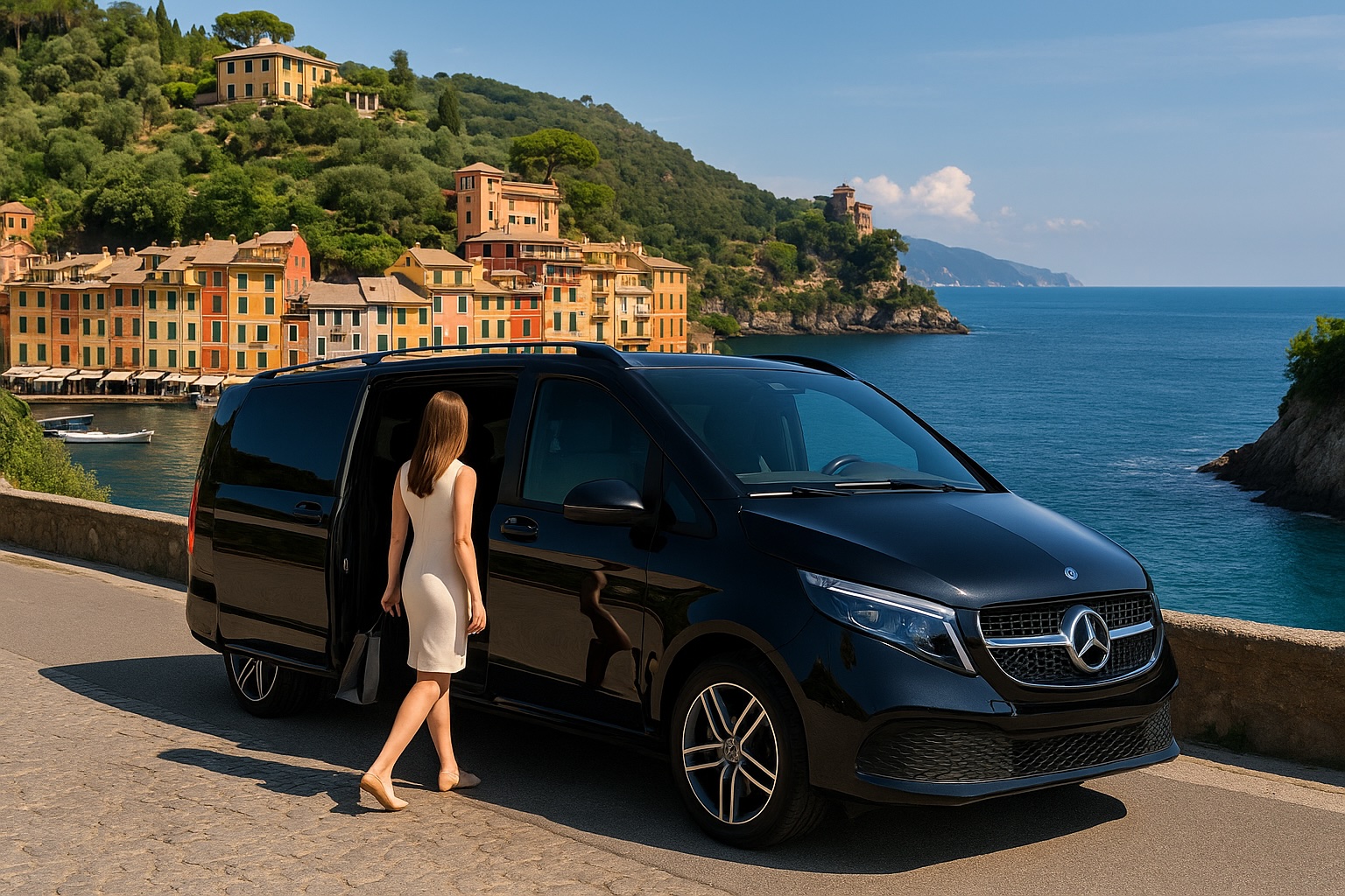 Luxury Mercedes-Benz V-Class with a woman stepping out in Portofino during a private chauffeur tour
