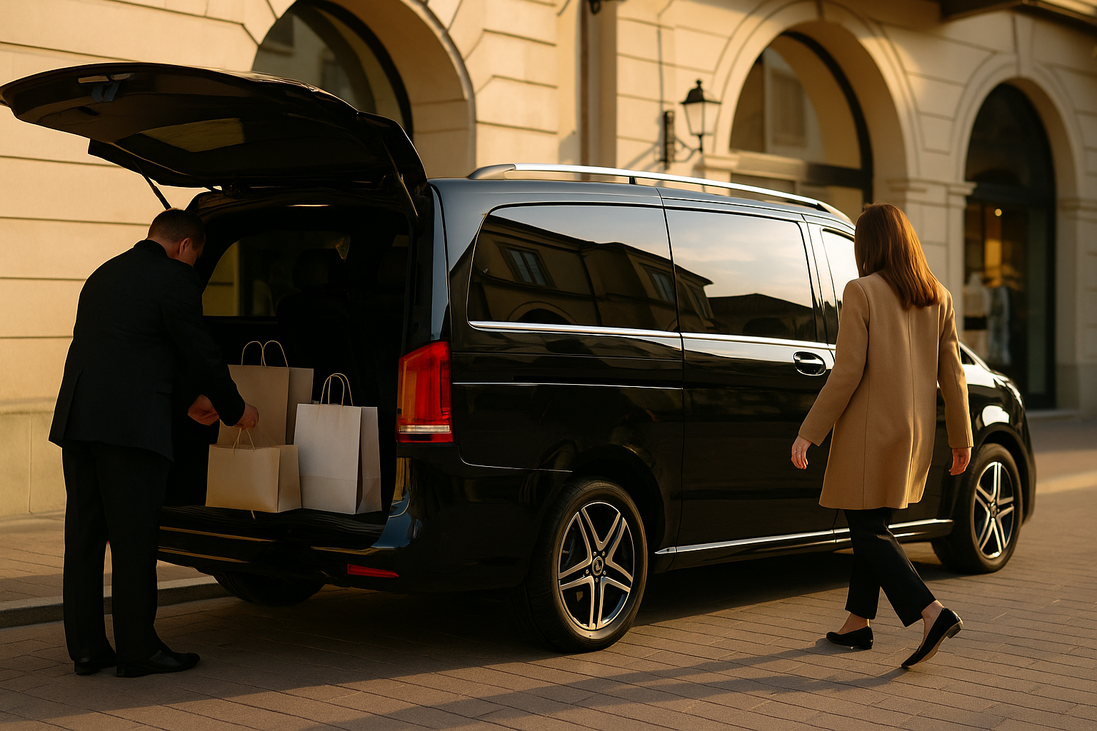 Luxury Mercedes-Benz V-Class with chauffeur loading shopping bags while an elegant woman enters the vehicle at Serravalle Designer Outlet