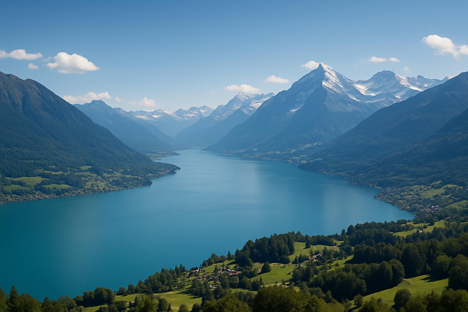 Panoramic view of a Swiss lake surrounded by alpine mountains and lush green landscapes
