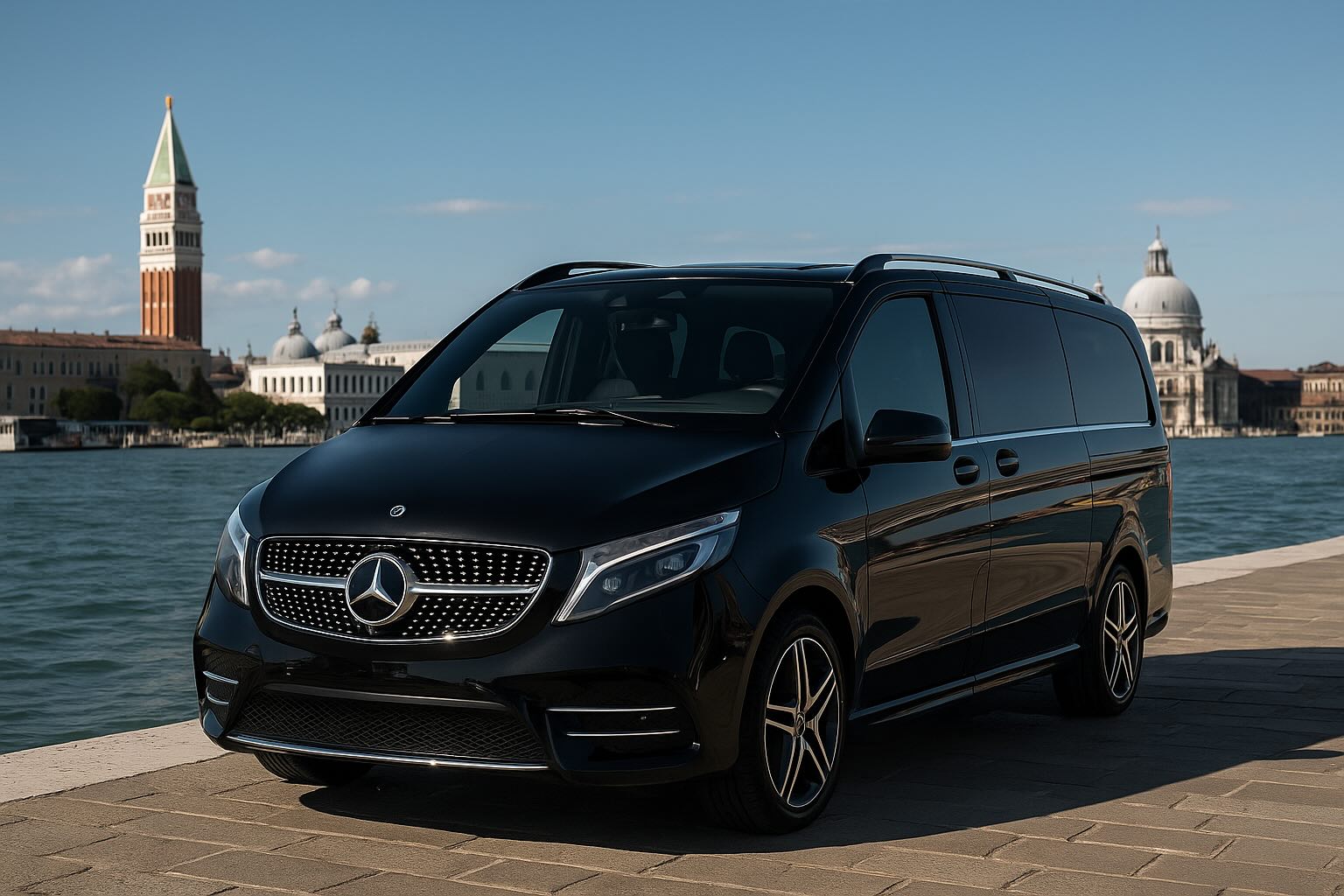 Mercedes-Benz V-Class driving along a scenic route between Venice and Florence during a luxury private tour