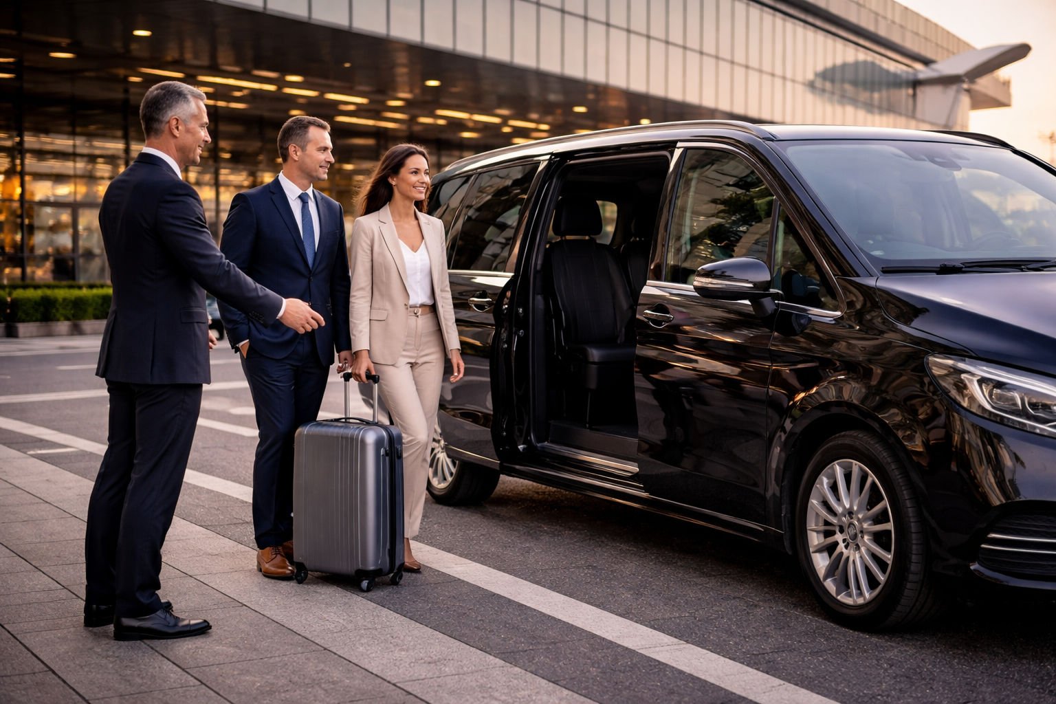 Luxury airport transfer in Milan with professional chauffeur assisting clients into a Mercedes V-Class